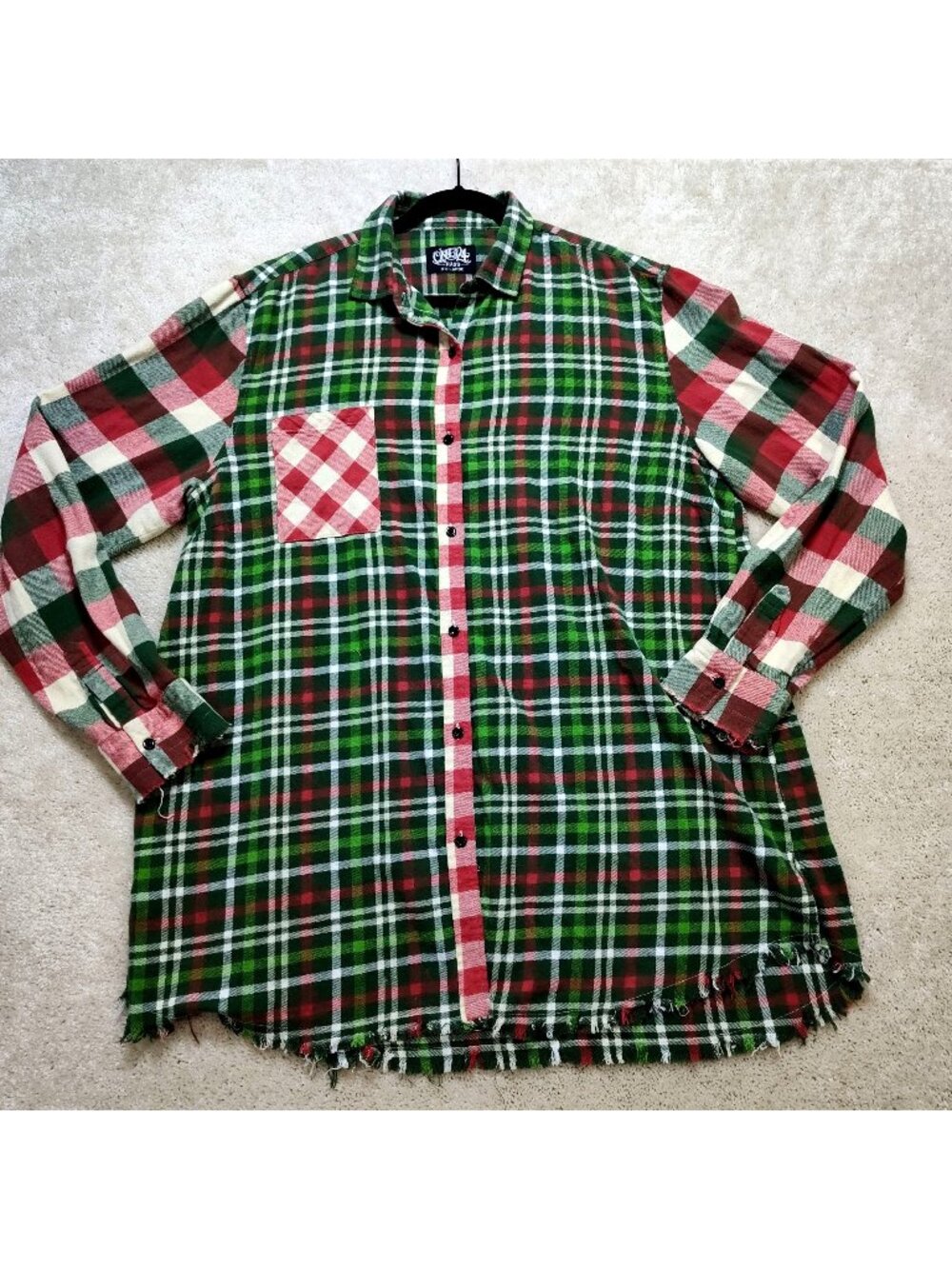 One24 Rags Distressed Frayed Hem Plaid Flannel Button-Up Shirt Women's XX-Large